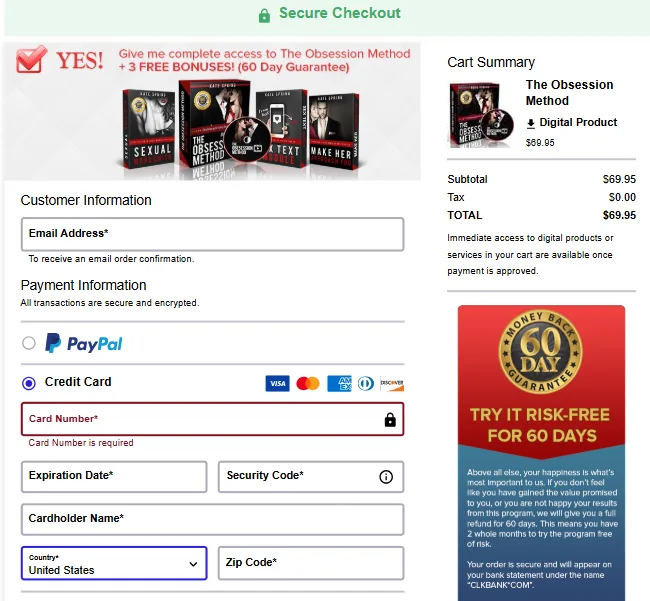 The Obsession Method secure ClickBank checkout page